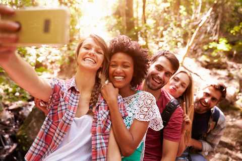 Group Of Friends On Walk Taking Selfie In Forest